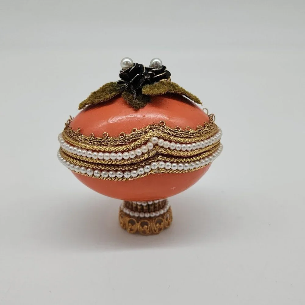 Decorative Egg Shaped Jewelry Trinket Box Faux Pearl Velvet Floral 2.5